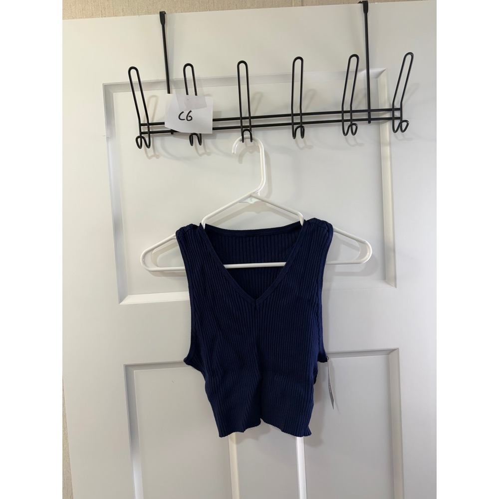 Salierart Womens Navy Blue Ribbed Knit V-Neck Racerback Crop Top Size L NWT